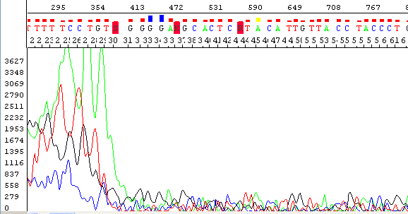 An electropherogram showing an example of a failed sequencing reaction with poor signal strength, high background peaks, and low quality scores